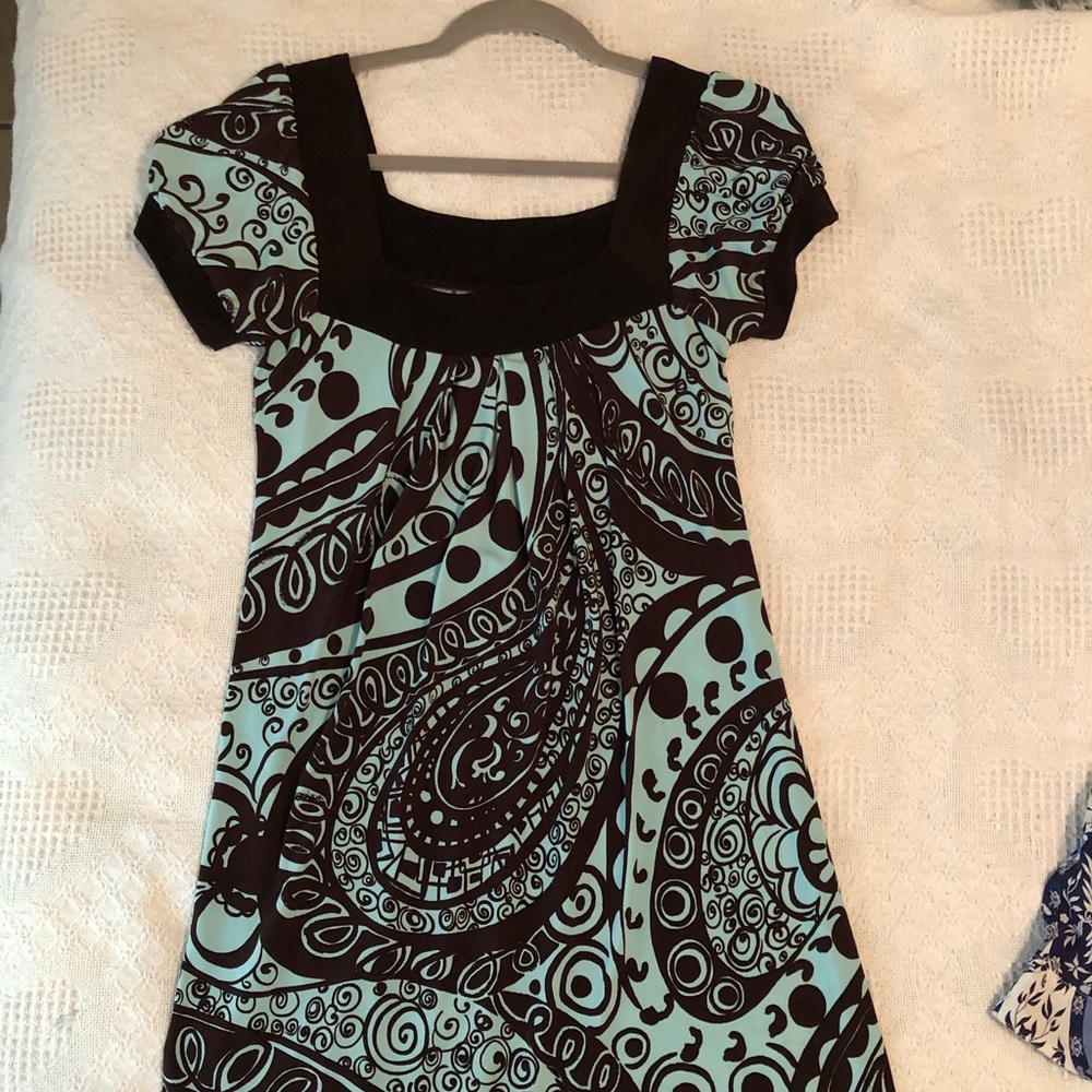 Brown & Light Blue Shift Dress - Picture 2 of 8